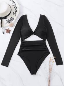 網紗拼接鏤空前扭結連體泳衣 - 黑色 - 查看 4