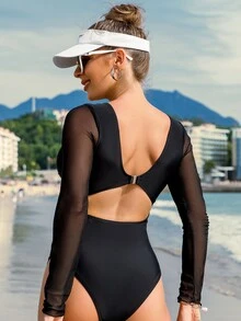 網紗拼接鏤空前扭結連體泳衣 - 黑色 - 查看 6