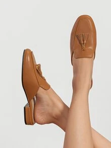 Tassel Decor Square Toe Flat Mules - Brown - View 6