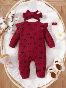 SHEIN Baby Girl Allover Print Ruffle Trim Jumpsuit & Headband - Burgundy - View 2
