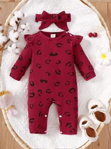SHEIN Baby Girl Allover Print Ruffle Trim Jumpsuit & Headband - Burgundy - View 6