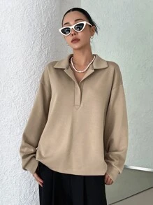 DAZY Half Placket Drop Shoulder Sweatshirt - Khaki - View 5