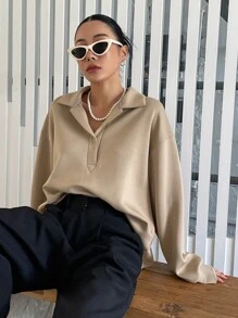 DAZY Half Placket Drop Shoulder Sweatshirt - Khaki - View 3