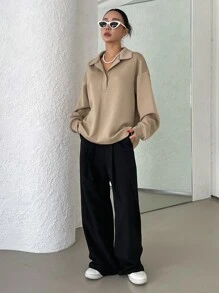 DAZY Half Placket Drop Shoulder Sweatshirt - Khaki - View 4