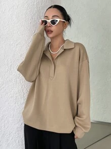 DAZY Half Placket Drop Shoulder Sweatshirt - Khaki - View 2