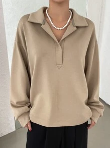 DAZY Half Placket Drop Shoulder Sweatshirt - Khaki - View 6