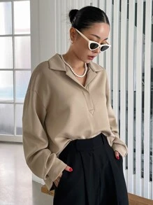 DAZY Half Placket Drop Shoulder Sweatshirt - Khaki - View 8