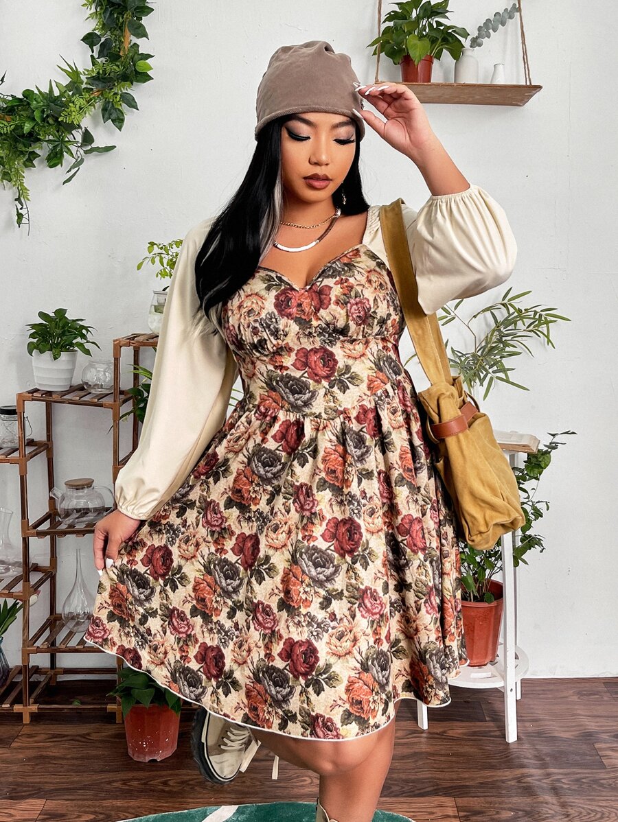 Celure 大碼雞心領口印花後背打褶連衣裙 - 彩色 - 查看 1