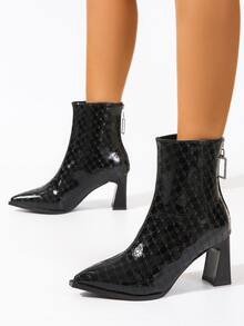 Letter Embossed Zip Back Chunky Heeled Classic Boots - Black - View 4