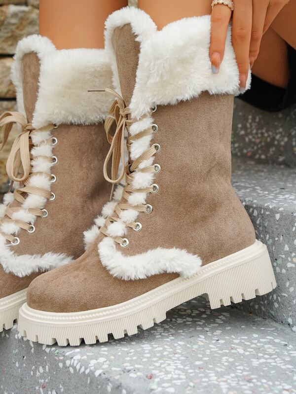 Fluffy Laceup Front Boots SHEIN USA