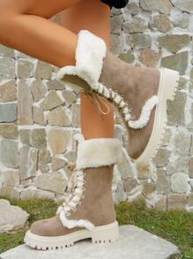 Fluffy Lace-up Front Boots - Brown - View 4