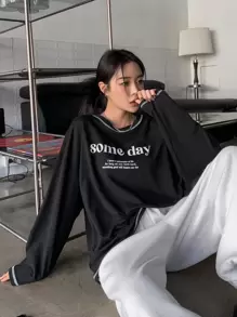 DAZY 标语图案落肩长袖女式T恤 - 黑色 - 查看 3