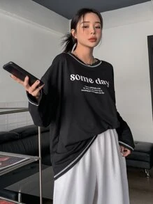 DAZY 标语图案落肩长袖女式T恤 - 黑色 - 查看 4