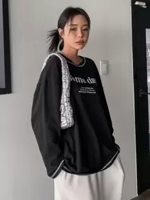 DAZY 标语图案落肩长袖女式T恤 - 黑色 - 查看 5