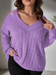 Celure Plus Cold Shoulder Cable Knit Jumper - Lilac Purple - View 1