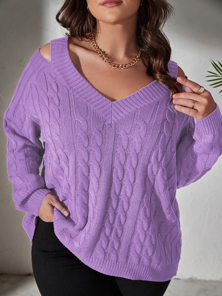 Celure Plus Cold Shoulder Cable Knit Jumper - Lilac Purple - View 1