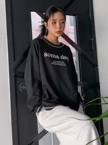 DAZY 标语图案落肩长袖女式T恤 - 黑色 - 查看 7