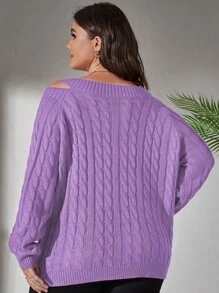 Celure Plus Cold Shoulder Cable Knit Jumper - Lilac Purple - View 2