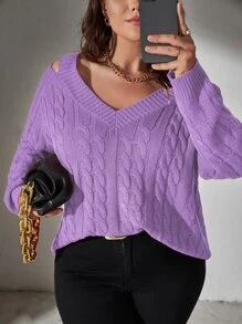 Celure Plus Cold Shoulder Cable Knit Jumper - Lilac Purple - View 3