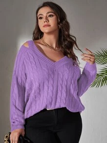 Celure Plus Cold Shoulder Cable Knit Jumper - Lilac Purple - View 5