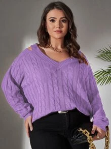 Celure Plus Cold Shoulder Cable Knit Jumper - Lilac Purple - View 6