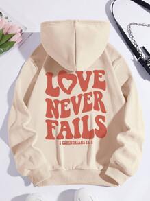 SHEIN EZwear Slogan Graphic Drawstring Thermal Lined Hoodie - Apricot - View 1