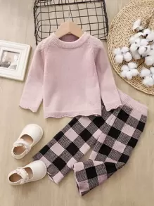 Bebé Jersey de manga raglán & Pantalones con patrón de cuadros tejido - Multicolor - Ver 1