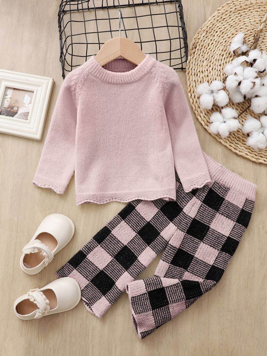 Bebé Jersey de manga raglán & Pantalones con patrón de cuadros tejido - Multicolor - Ver 1