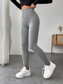 SHEIN EZwear 字母貼布寬腰帶緊身打底褲 - 灰色 - 查看 3