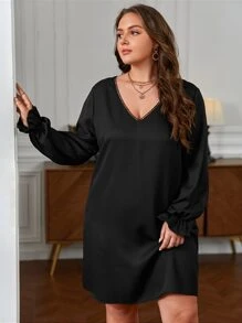 SHEIN Frenchy Plus Tie Back Flounce Sleeve Tunic Dress - Black - View 6
