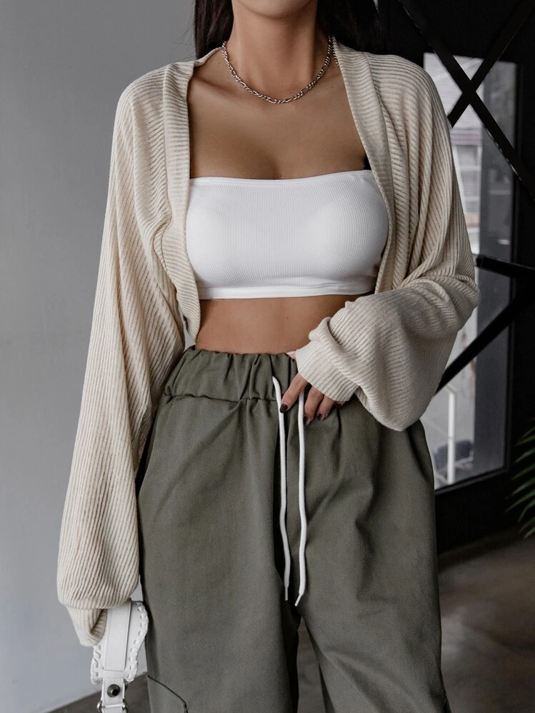 DAZY Raglan Sleeve Open Front Crop Top Long Sleeve Women Tops,Fall Women Clothes Hoodie - Beige - View 4