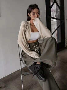 DAZY Raglan Sleeve Open Front Crop Top Long Sleeve Women Tops,Fall Women Clothes Hoodie - Beige - View 5