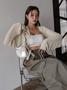 DAZY Raglan Sleeve Open Front Crop Top Long Sleeve Women Tops,Fall Women Clothes Hoodie - Beige - View 1