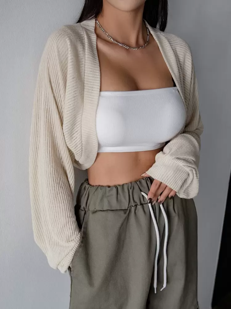 DAZY Raglan Sleeve Open Front Crop Top Long Sleeve Women Tops,Fall Women Clothes Hoodie - Beige - View 8