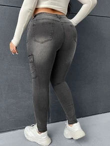 SHEIN EZwear Plus Chain Detail Flap Pocket Skinny Jeans - Dark Grey - View 4