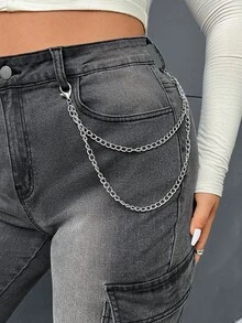 SHEIN EZwear Plus Chain Detail Flap Pocket Skinny Jeans - Dark Grey - View 6