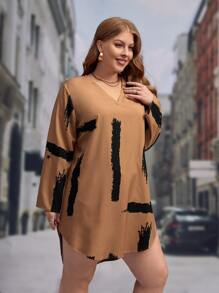 SHEIN LUNE Vestido con estampado de pincelada de cuello notch bajo curvo - Marrón - Ver 3