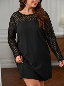 SHEIN Frenchy Plus Contrast Lace Button Back Dress - Black - View 3