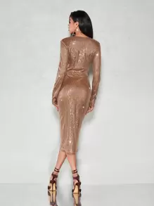 SHEIN BAE 深V領高衩亮片連衣裙 - 香檳色 - 查看 2