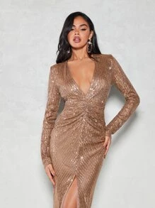 SHEIN BAE 深V領高衩亮片連衣裙 - 香檳色 - 查看 3