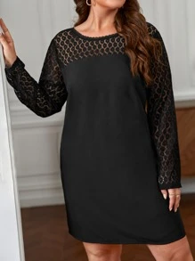 SHEIN Frenchy Plus Contrast Lace Button Back Dress - Black - View 5