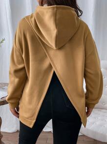 SHEIN LUNE 大码露背落肩卫衣，适合毕业季、返校季、教师节等场合，女士返校套头衫，秋季卫衣 - 駝色 - 查看 1