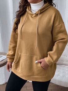 SHEIN LUNE 大码露背落肩卫衣，适合毕业季、返校季、教师节等场合，女士返校套头衫，秋季卫衣 - 駝色 - 查看 2