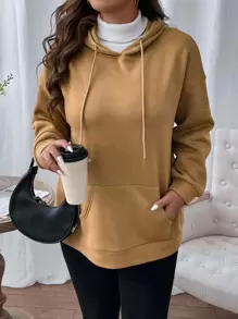 SHEIN LUNE 大码露背落肩卫衣，适合毕业季、返校季、教师节等场合，女士返校套头衫，秋季卫衣 - 駝色 - 查看 3