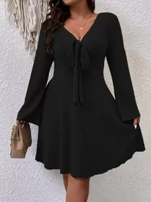 SHEIN LUNE Plus Knot Front Trumpet Sleeve Dress Fall Cloth For Women - Black - View 1