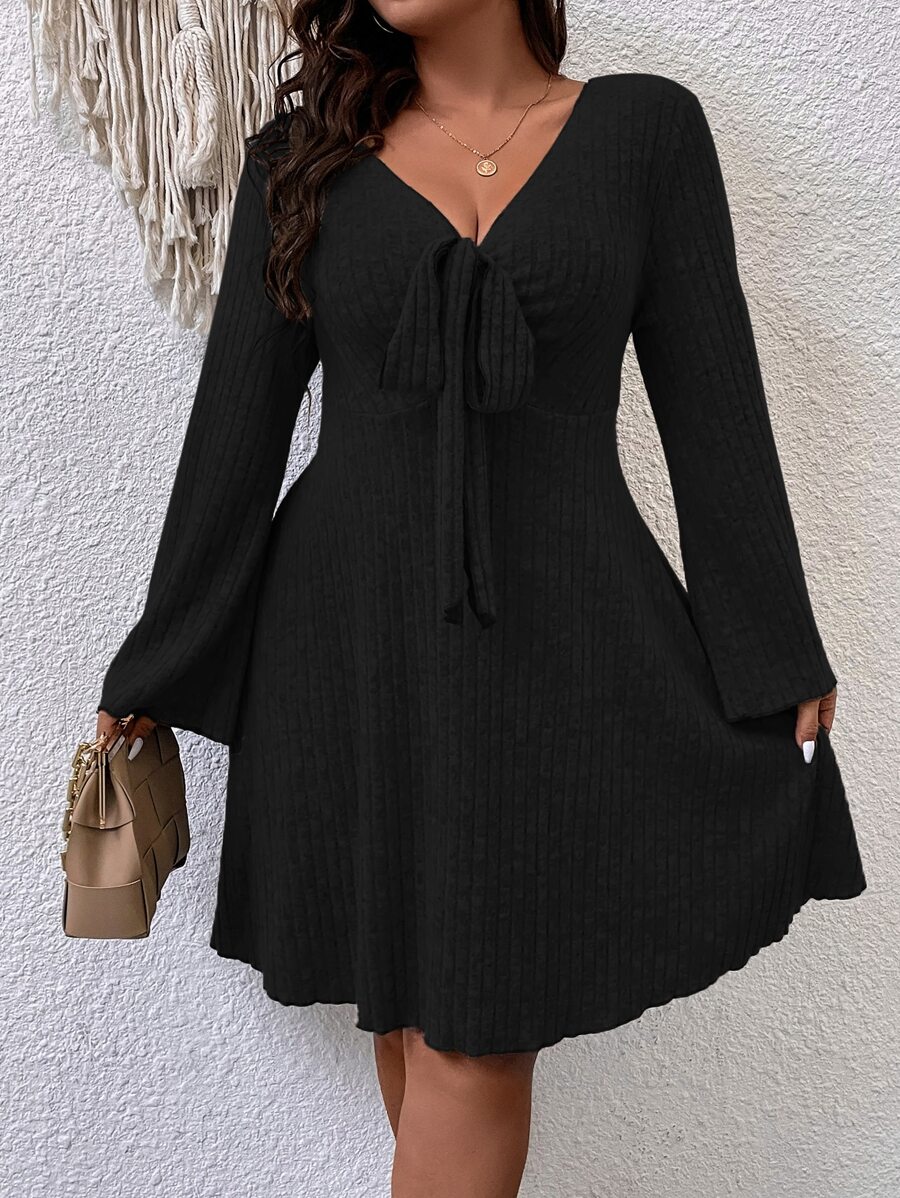 SHEIN LUNE Plus Knot Front Trumpet Sleeve Dress Fall Cloth For Women - Black - View 1