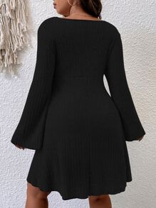 SHEIN LUNE Plus Knot Front Trumpet Sleeve Dress Fall Cloth For Women - Black - View 2
