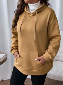 SHEIN LUNE 大码露背落肩卫衣，适合毕业季、返校季、教师节等场合，女士返校套头衫，秋季卫衣 - 駝色 - 查看 6