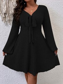 SHEIN LUNE Plus Knot Front Trumpet Sleeve Dress Fall Cloth For Women - Black - View 3