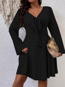 SHEIN LUNE Plus Knot Front Trumpet Sleeve Dress Fall Cloth For Women - Black - View 4